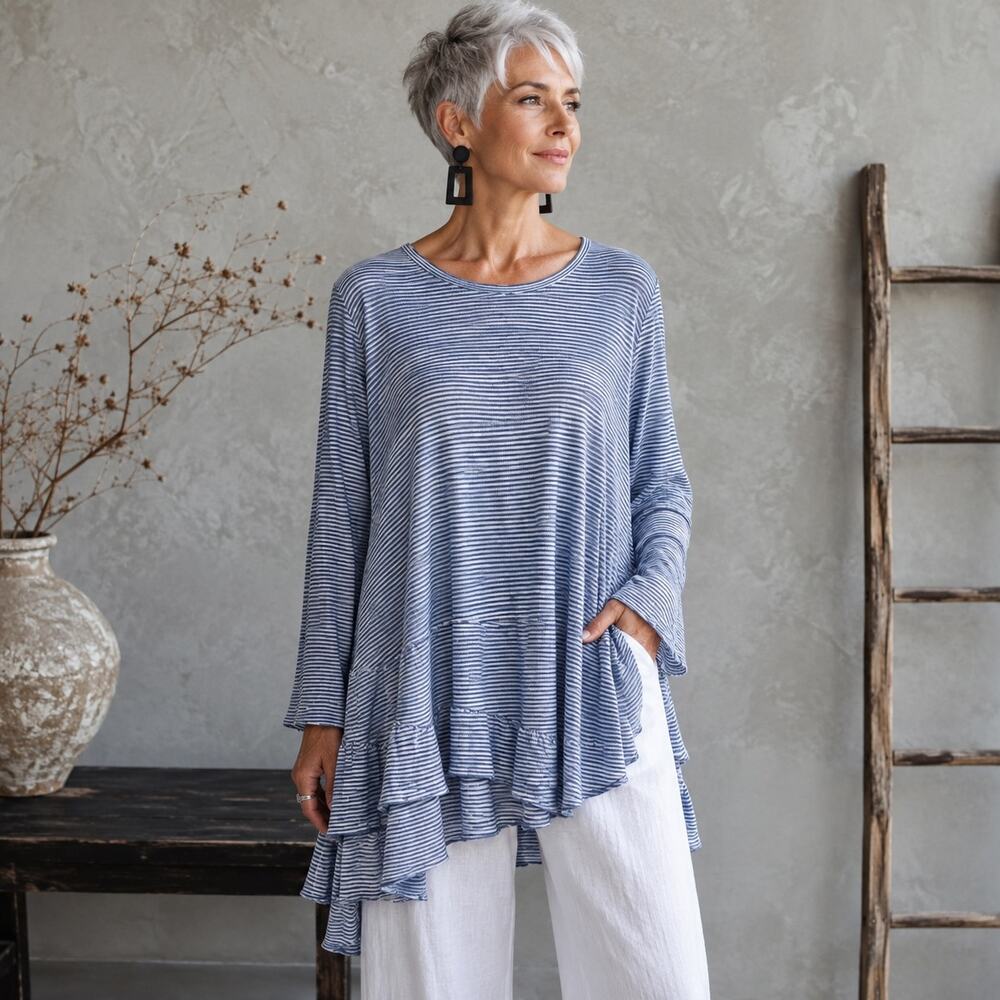 Soft Surroundings Blue Stripe Long Sleeve Ruffle Tee 1X